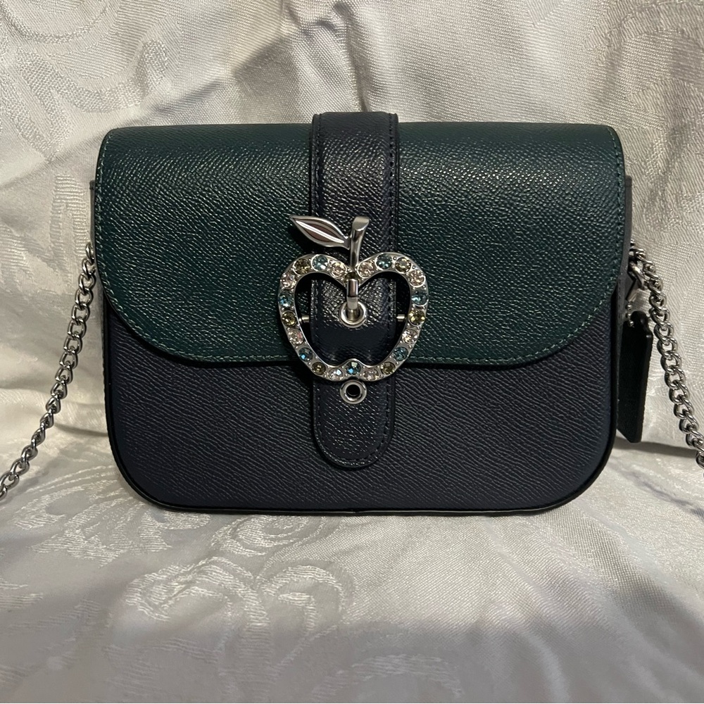 Coach small shoulder bag in forest green and navy with rhinestone apple buckle